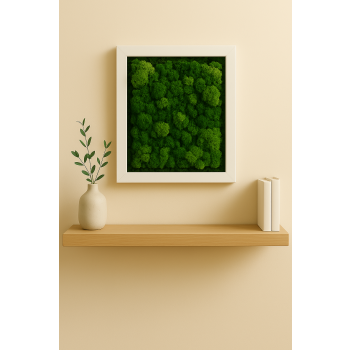 Obraz z chrobotkiem reniferowym w białej ramie 15×21 cm – zielona dekoracja ścienna, bez pielęgnacji